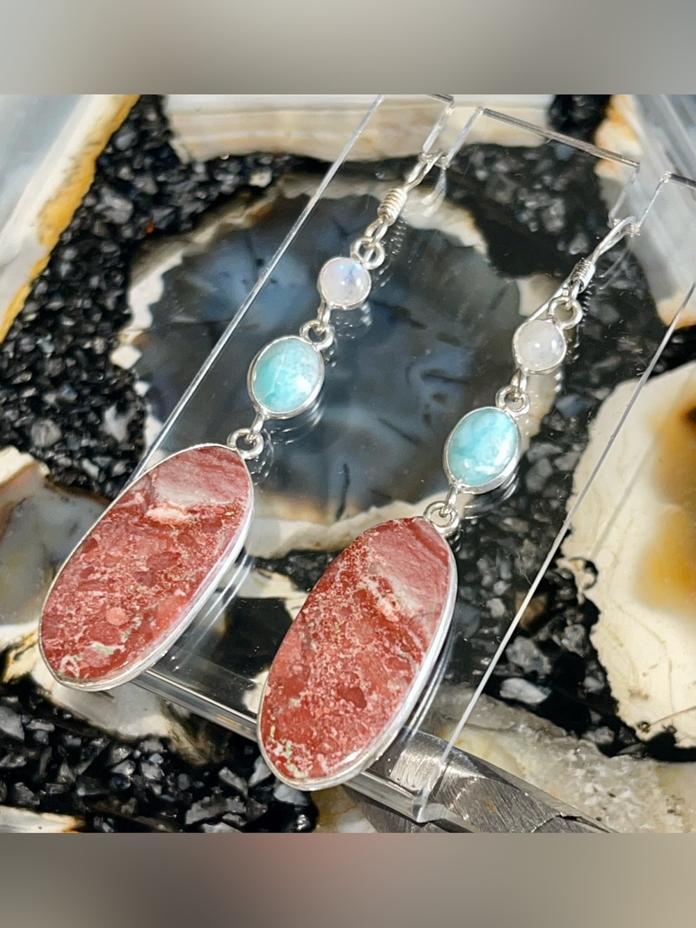 Larimar, Dolomite & Rainbow Moonstone Earrings 3”